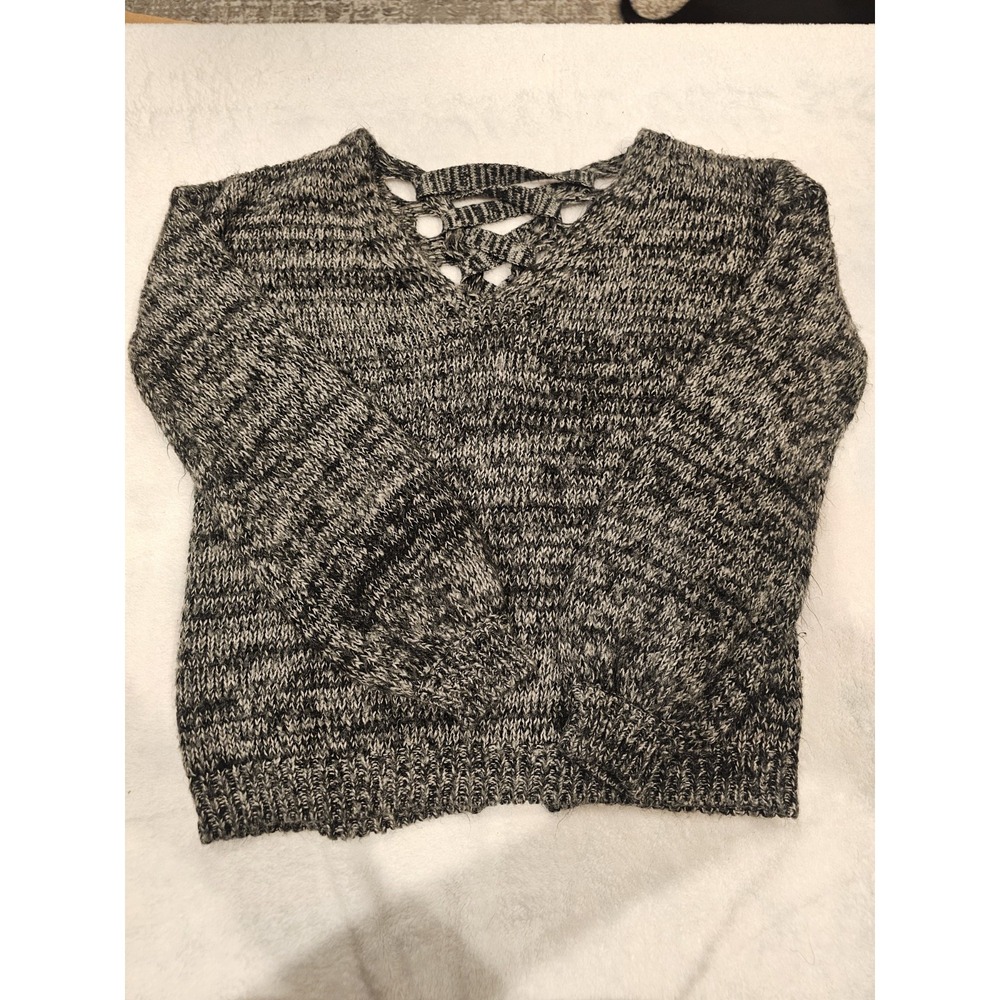 Women's Knit Sweater Crop Top Lace-Up Back Gray Brown Chunky Long‎ Sleeve